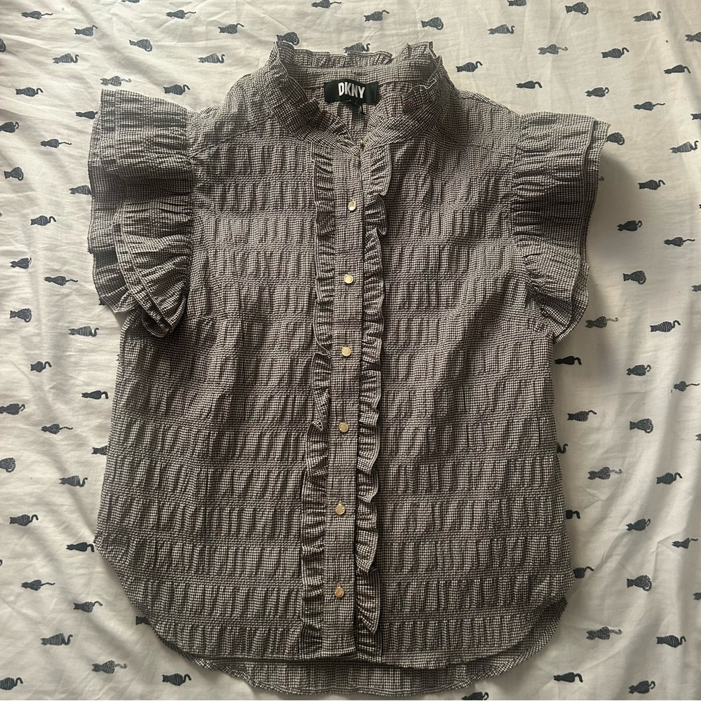 Dkny Gray Ruffled Button-Up Blouse